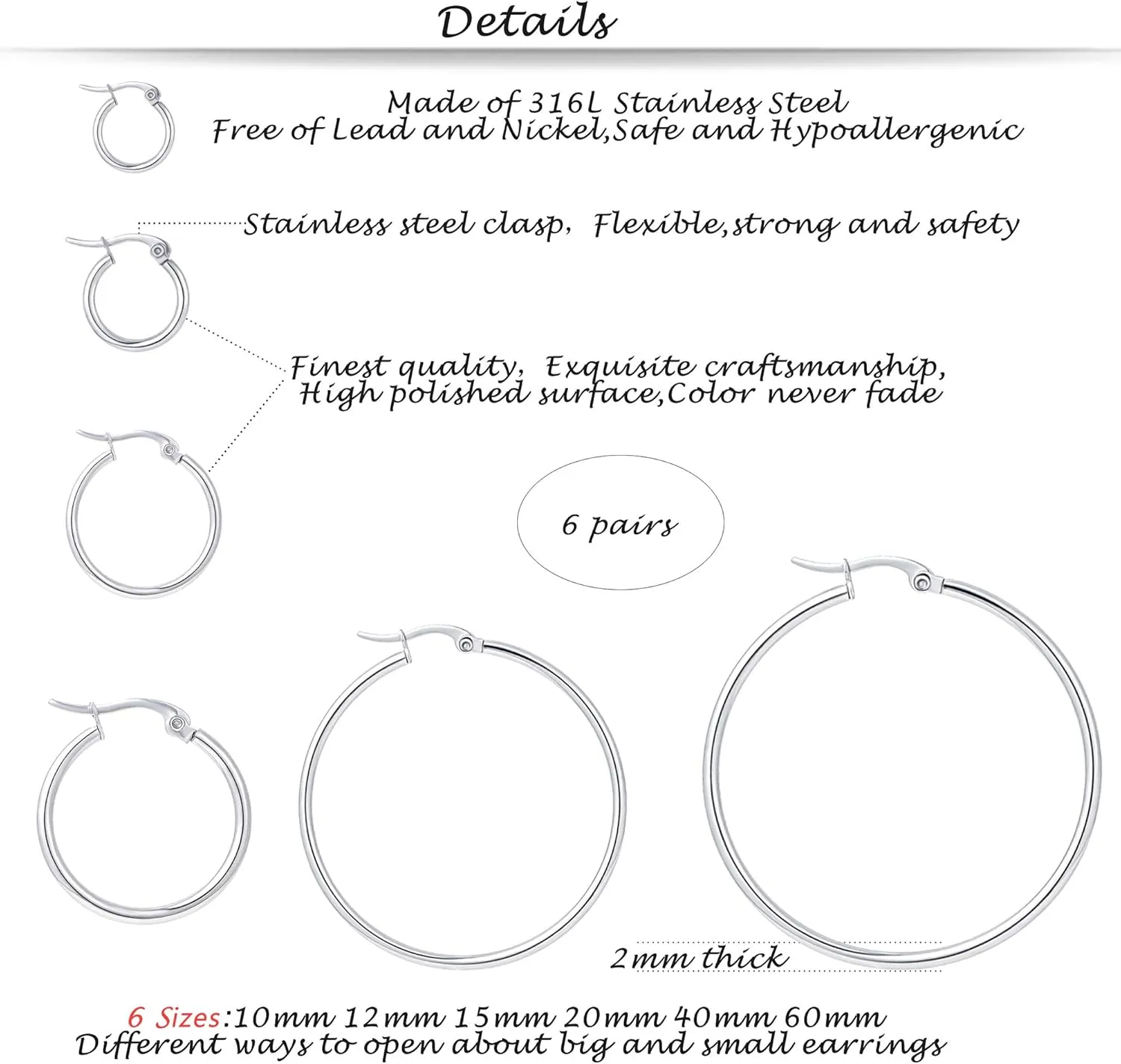 6 Pairs a Set Hoop Earring or 1 Pairs a Set 316L Stainless Steel Hoop Earrings for Women