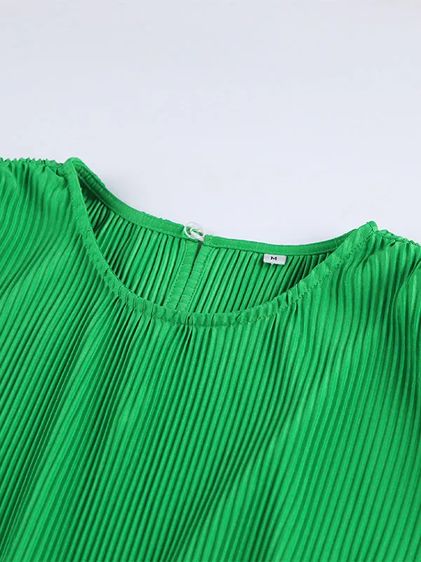 A-line Flared Sleeves High-Waisted Pleated Solid Color Zipper Round-neck Mini Dresses