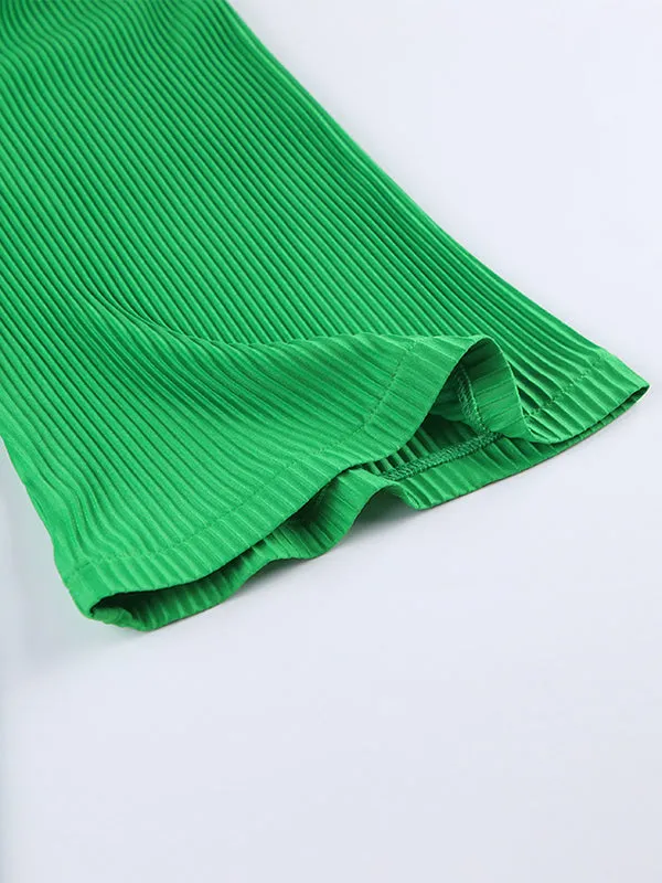 A-line Flared Sleeves High-Waisted Pleated Solid Color Zipper Round-neck Mini Dresses