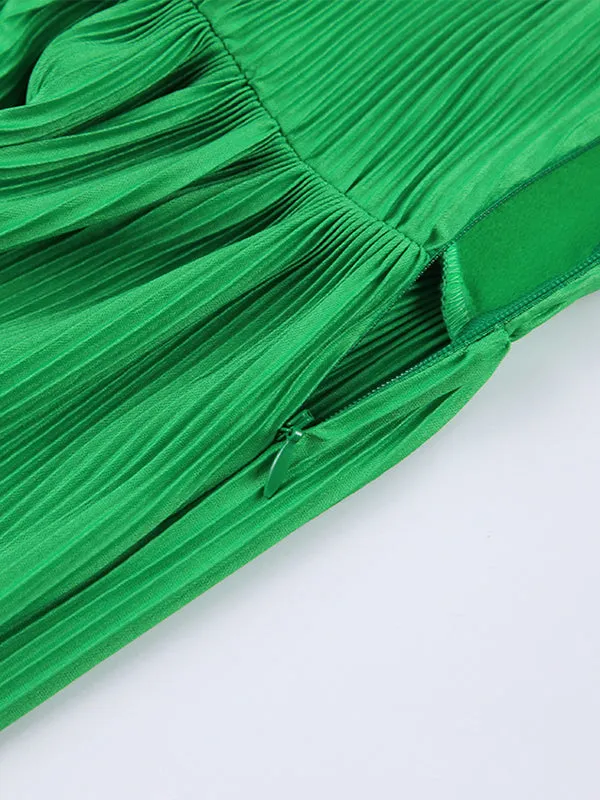 A-line Flared Sleeves High-Waisted Pleated Solid Color Zipper Round-neck Mini Dresses