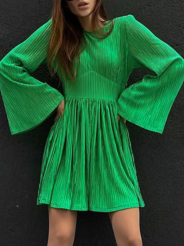 A-line Flared Sleeves High-Waisted Pleated Solid Color Zipper Round-neck Mini Dresses