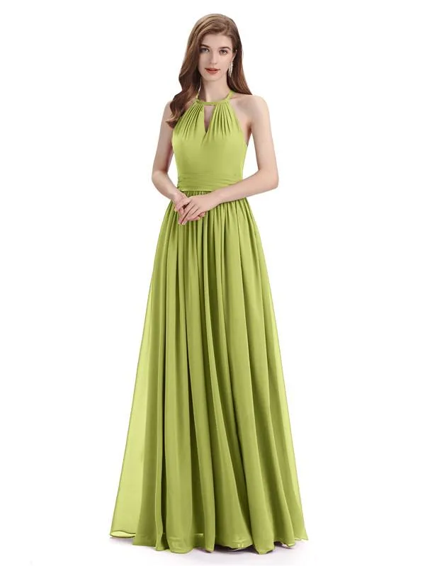 A-line Halter Simple Floor-Length Bridesmaid Dresses