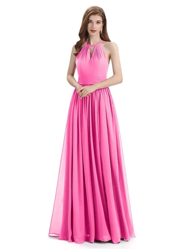 A-line Halter Simple Floor-Length Bridesmaid Dresses