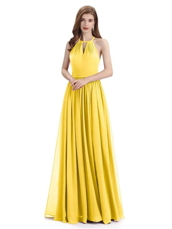 A-line Halter Simple Floor-Length Bridesmaid Dresses