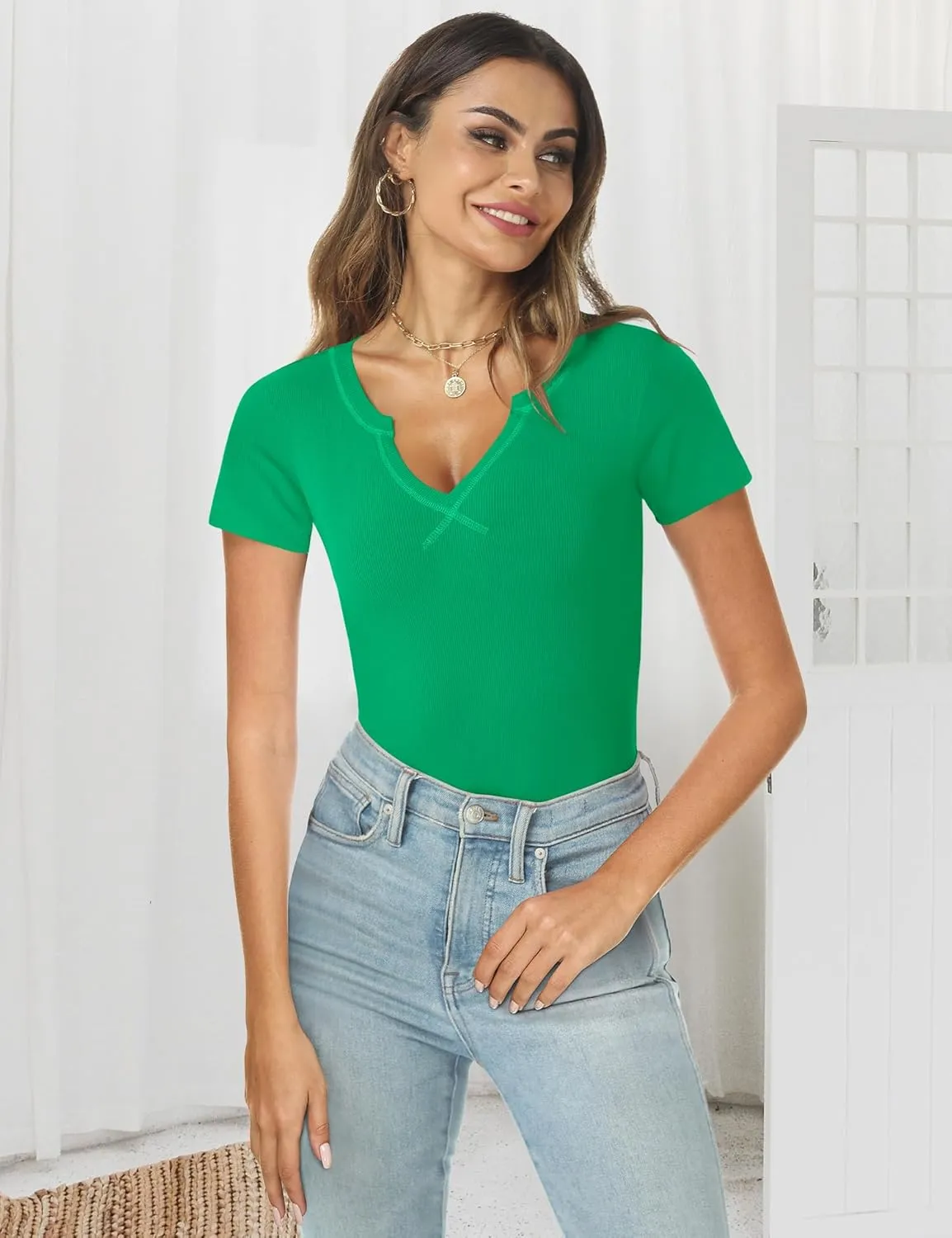 AKEWEI Women's Short Sleeve Tops Soft V Neck Ribbed Knit Shirts Basic Comfortable Clothes Tunic