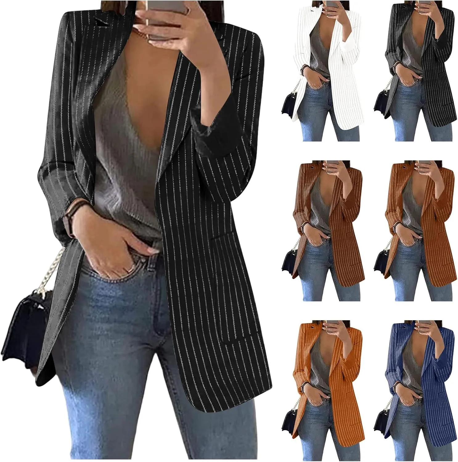 Blazers for Women Striped Business Casual Blazers Trendy Long Sleeve Open Front Work Office Suit Jackets Long Jacket