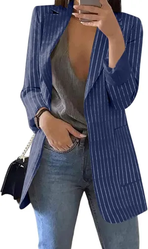 Blazers for Women Striped Business Casual Blazers Trendy Long Sleeve Open Front Work Office Suit Jackets Long Jacket