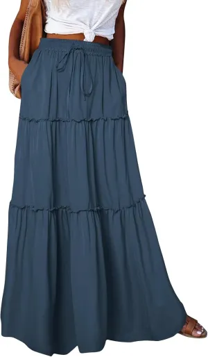 Boho Womens Tiered High Waist Tie Paisley Floral Print Long Maxi Skirt with Pockets