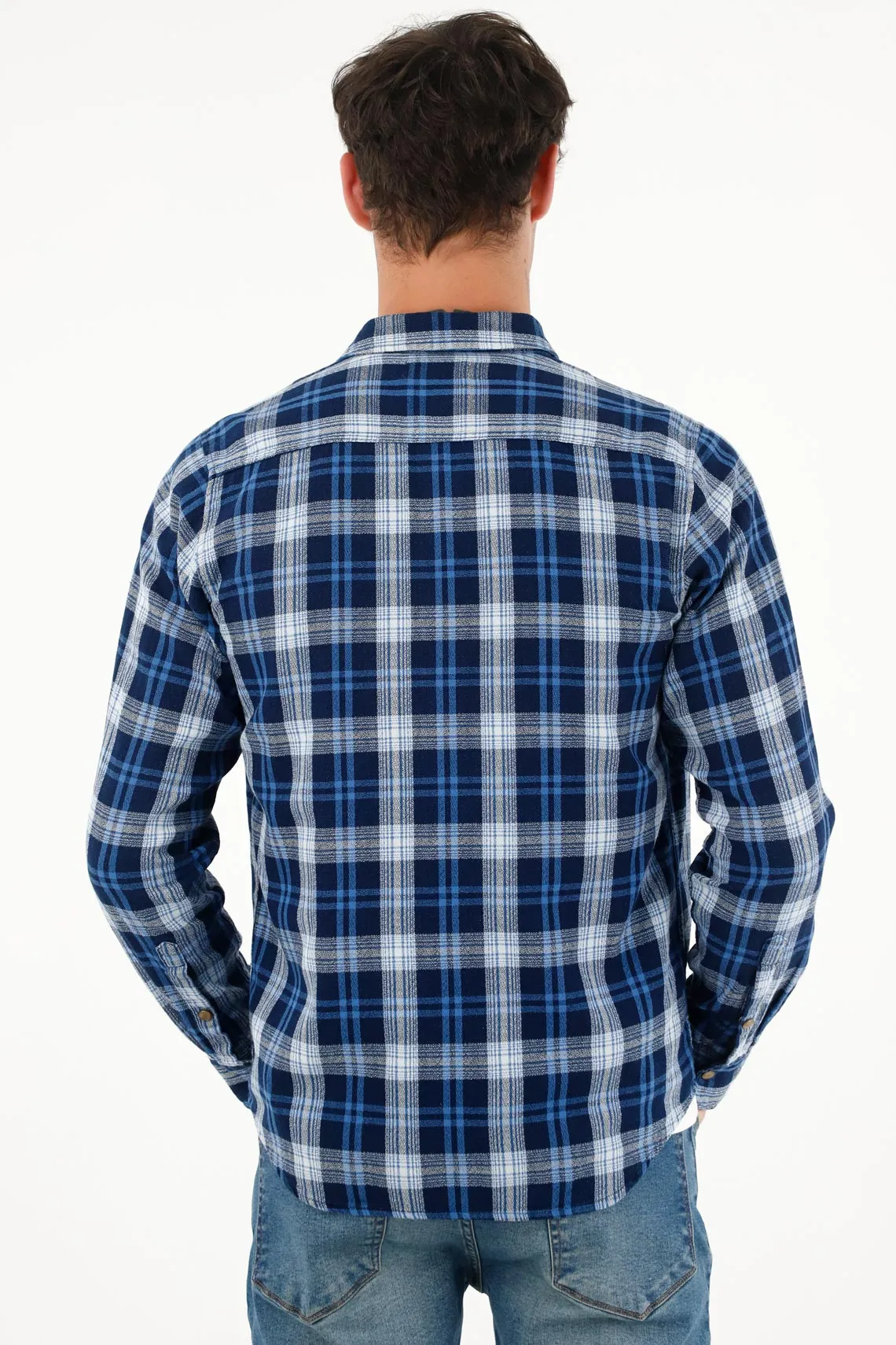 Camisa de diseño a cuadros azul para hombre