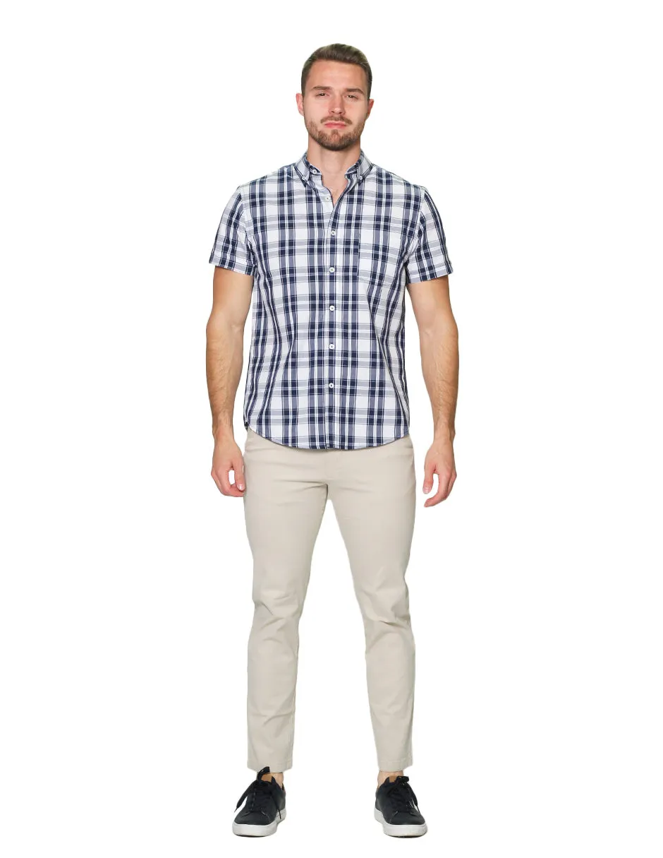 Camisas Hombre Manga Corta Cuadros Regular Fit B31268 Blanco