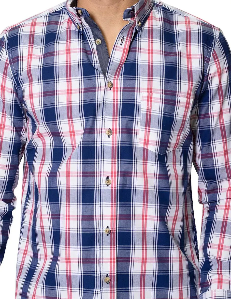 Camisas Para Hombre De Manga Larga Con Estampado De Cuadros Cuello Button Down De Algodon Regular Fit B41104 Marino