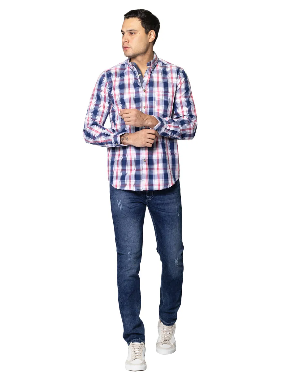 Camisas Para Hombre De Manga Larga Con Estampado De Cuadros Cuello Button Down De Algodon Regular Fit B41104 Marino