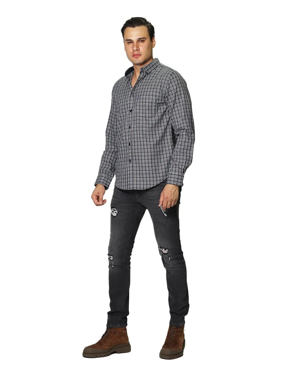 Camisas Para Hombre De Manga Larga Con Estapado De Cuadros Regular Fit B35226 Gris