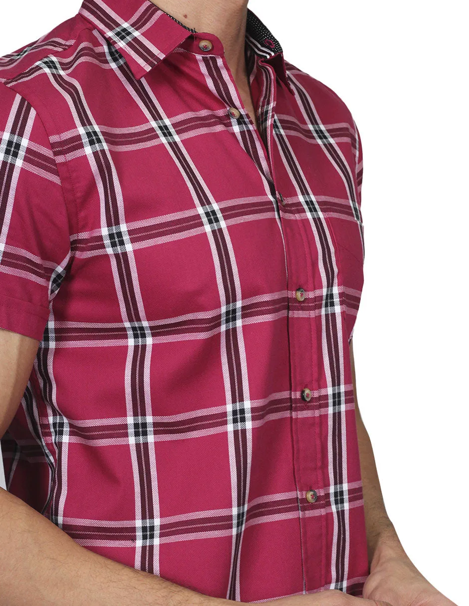 Camisas Para Hombre Manga Corta Cuadros Slim Fit Vino B21157