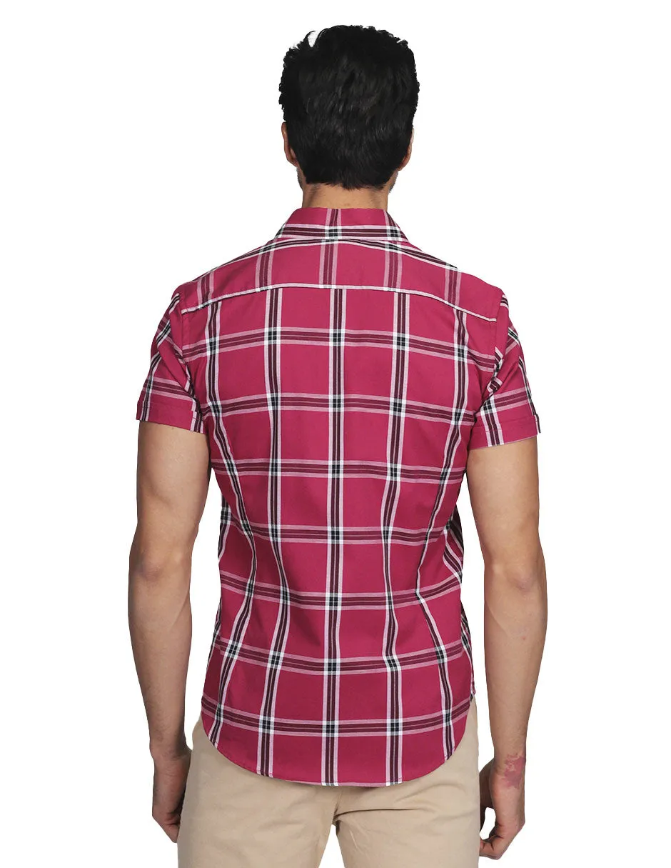 Camisas Para Hombre Manga Corta Cuadros Slim Fit Vino B21157