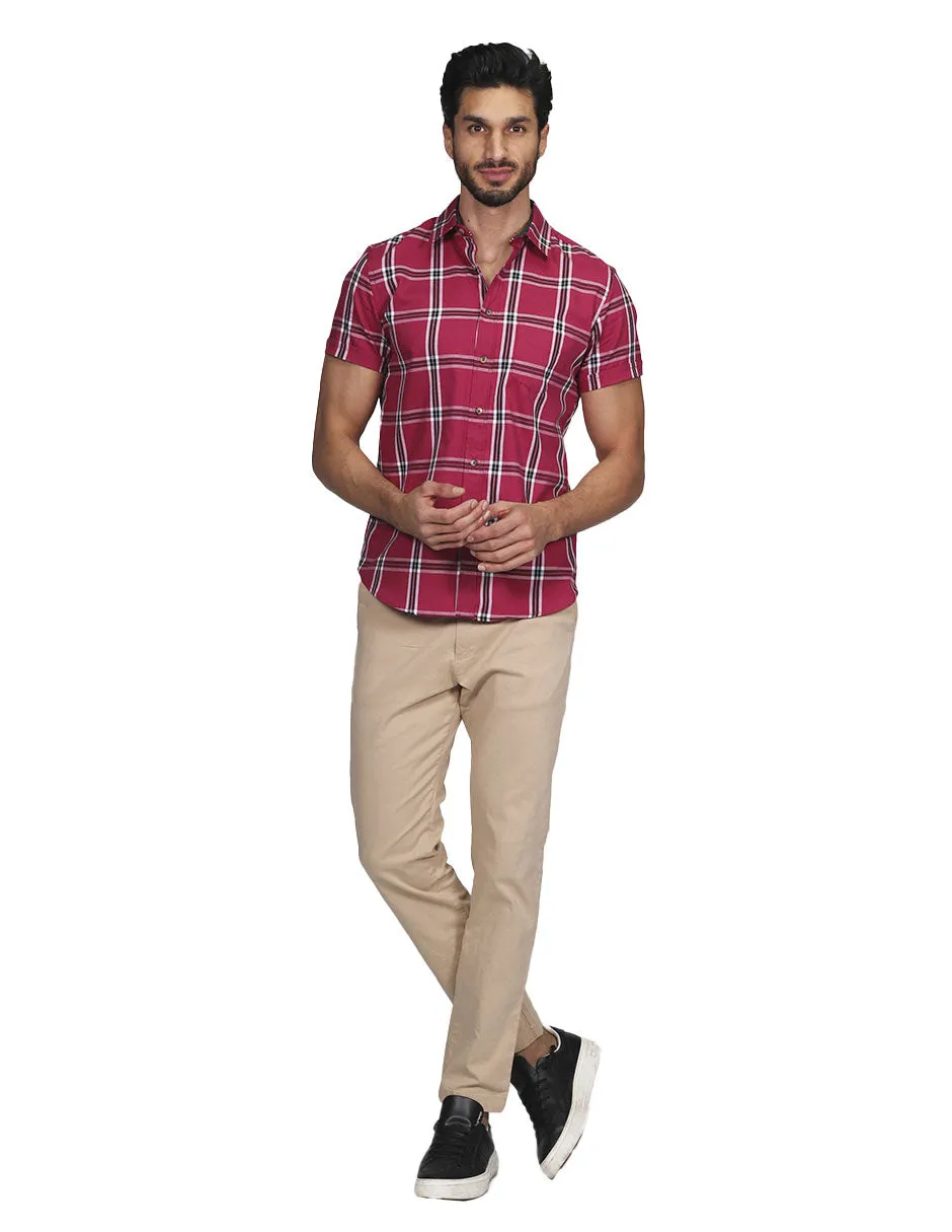 Camisas Para Hombre Manga Corta Cuadros Slim Fit Vino B21157