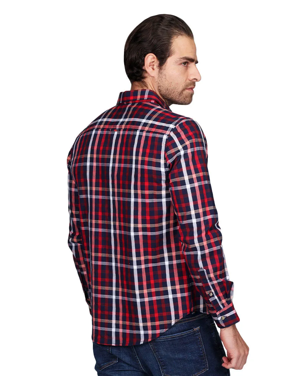 Camisas Para Hombre Manga Larga Cuadros Silm Fit Marino B21108