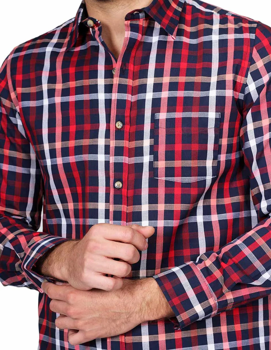 Camisas Para Hombre Manga Larga Cuadros Silm Fit Marino B21108