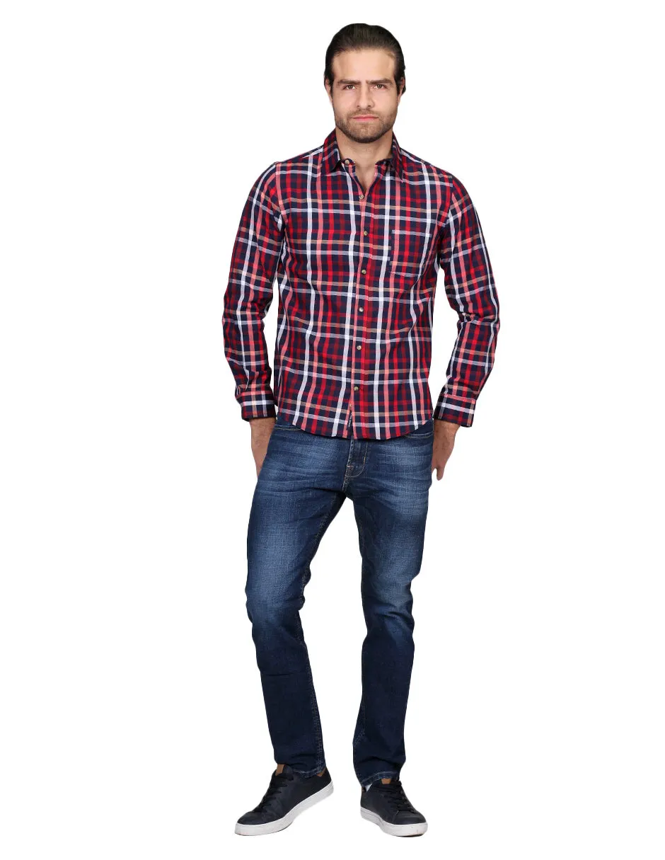 Camisas Para Hombre Manga Larga Cuadros Silm Fit Marino B21108