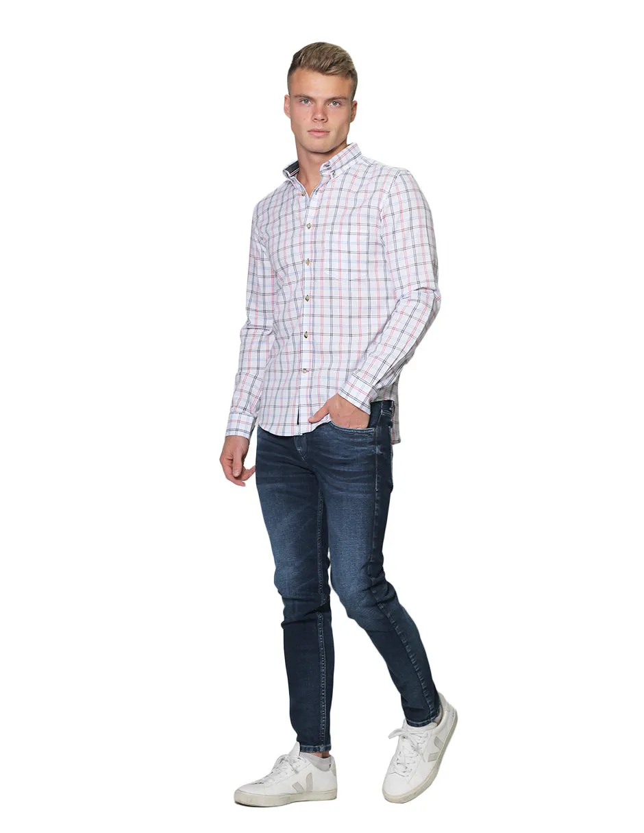 Camisas Para Hombre Manga Larga Cuadros Slim Fit B31106 Blanco