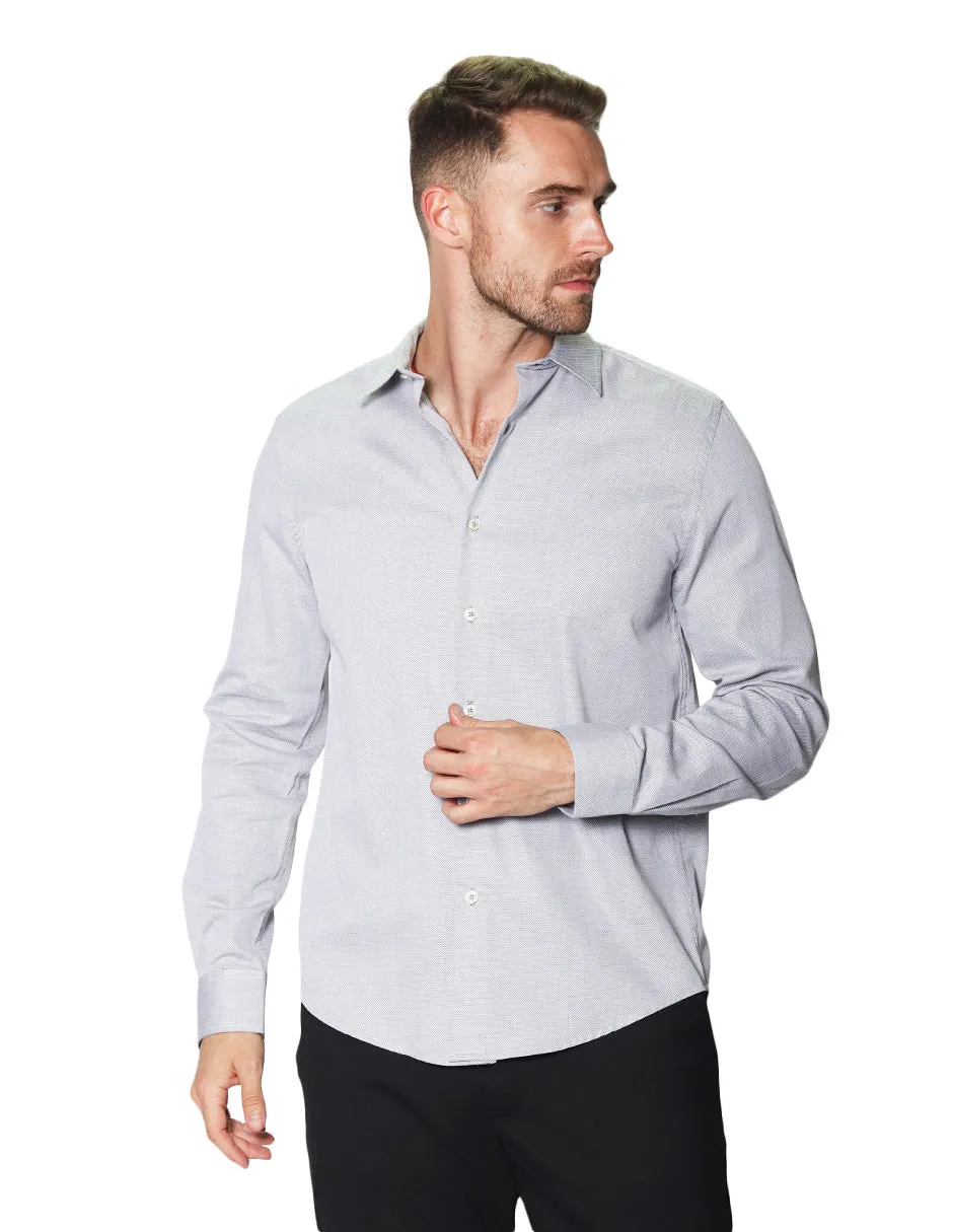 Camisas Para Hombre Manga Larga Micro Cuadros Jackard B45305 Gris