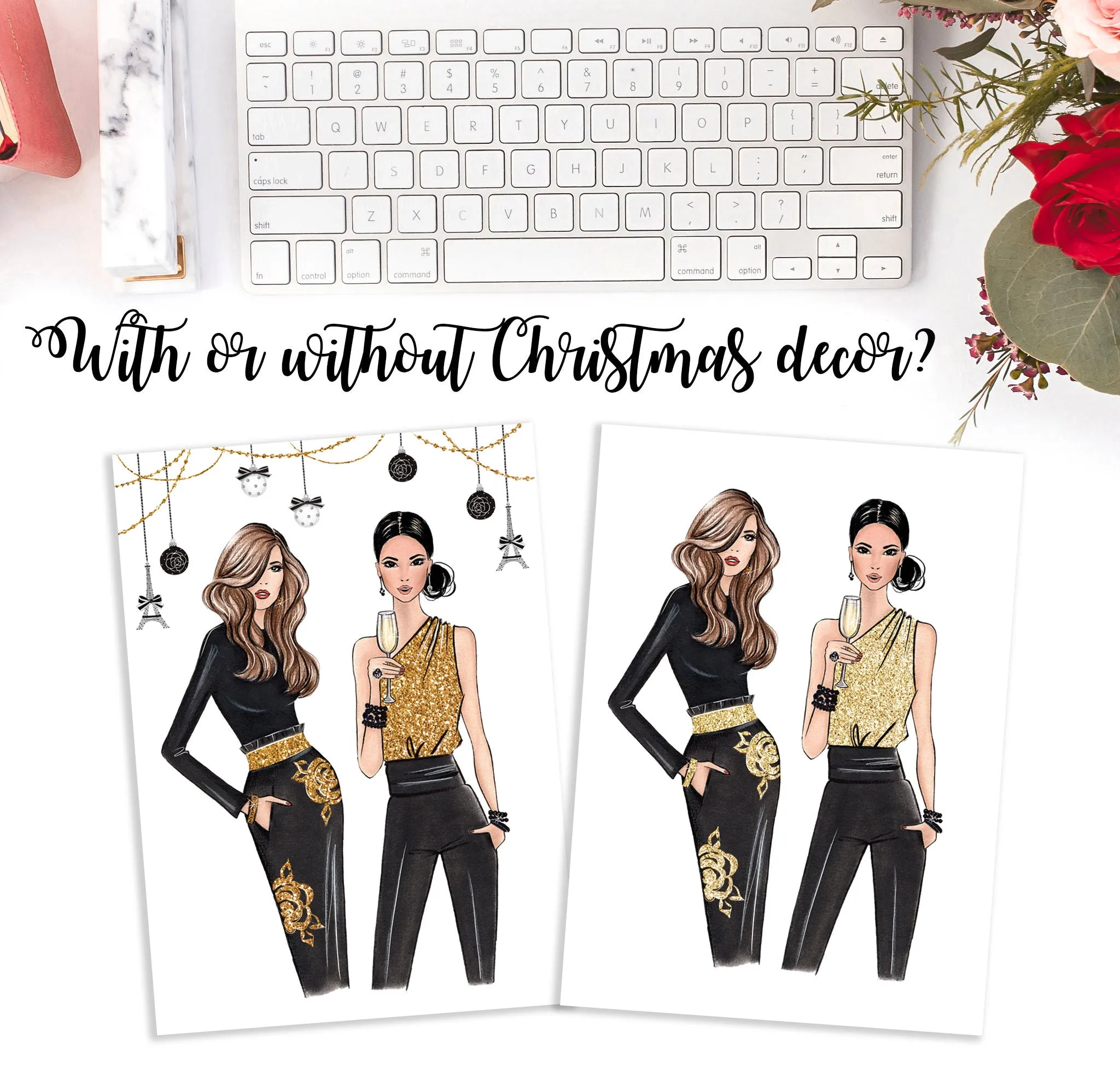 Christmas theme art print fashion illustration of 2 ladies in elegant outfits