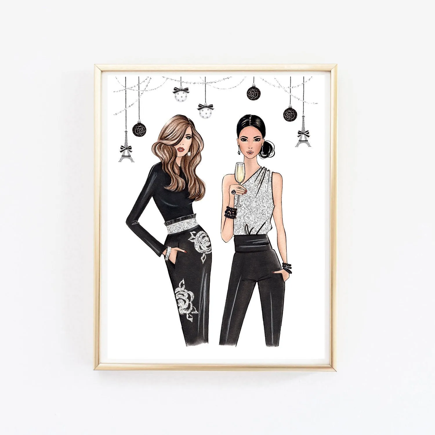Christmas theme art print fashion illustration of 2 ladies in elegant outfits