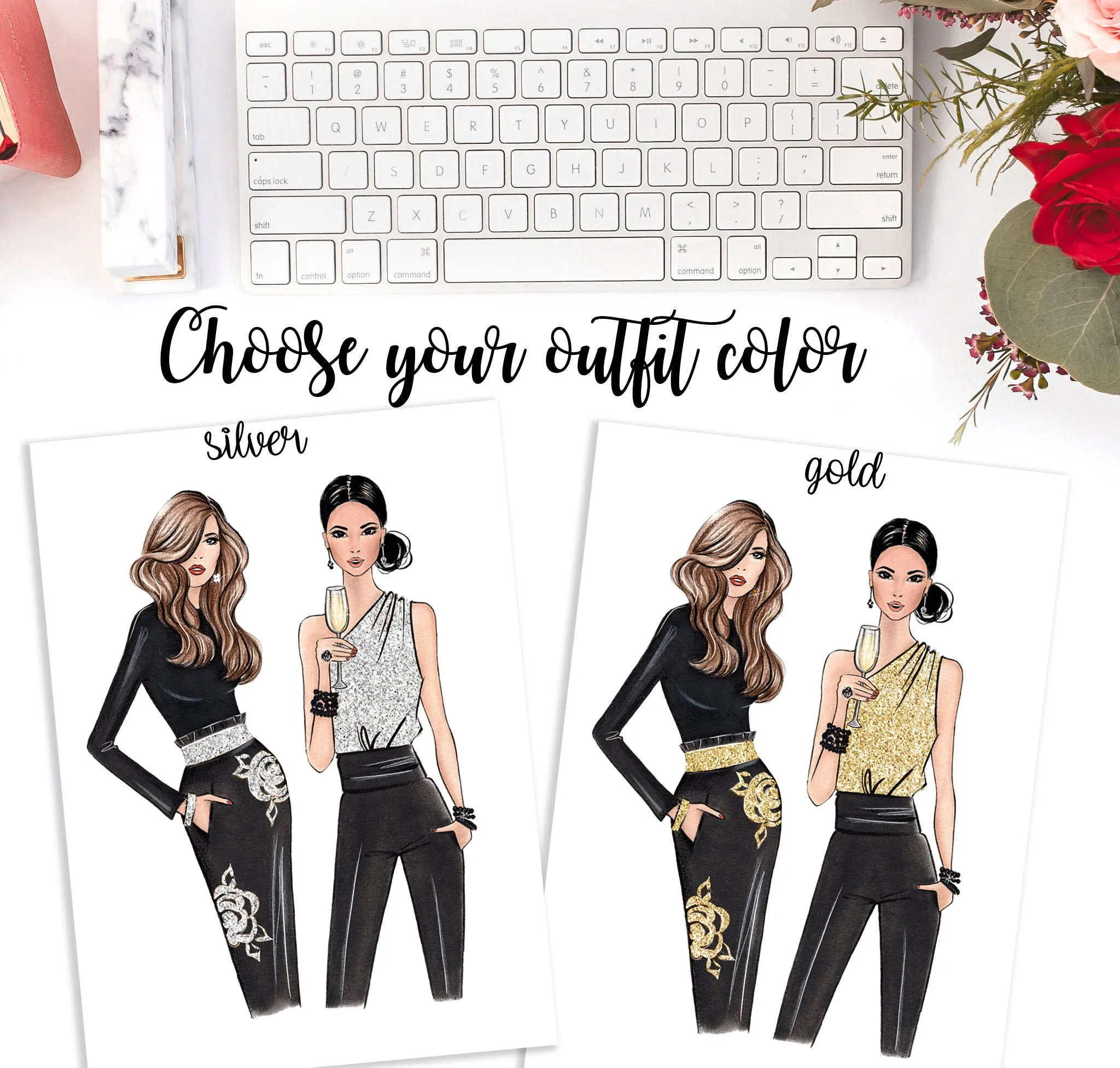 Christmas theme art print fashion illustration of 2 ladies in elegant outfits