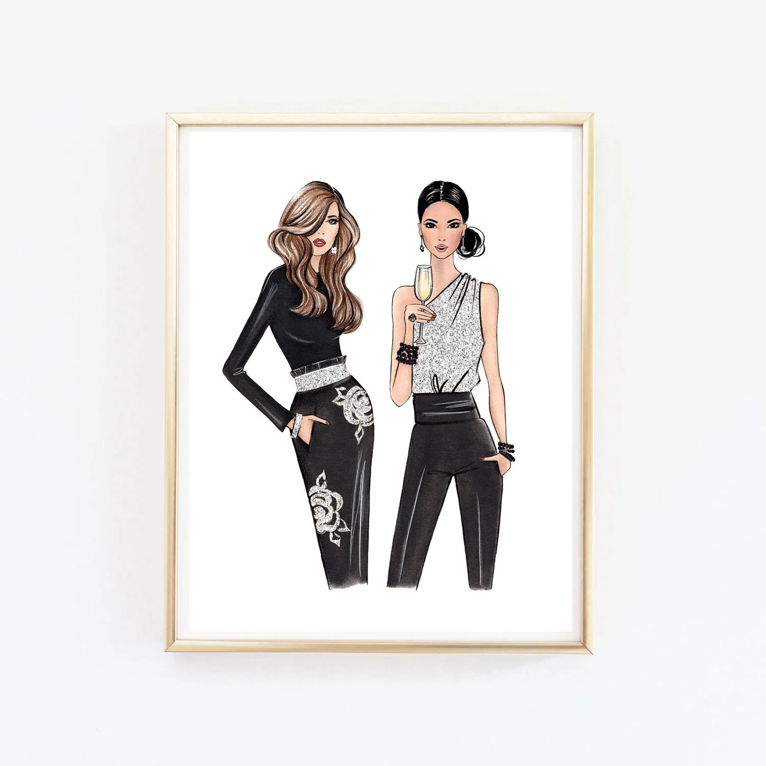 Christmas theme art print fashion illustration of 2 ladies in elegant outfits