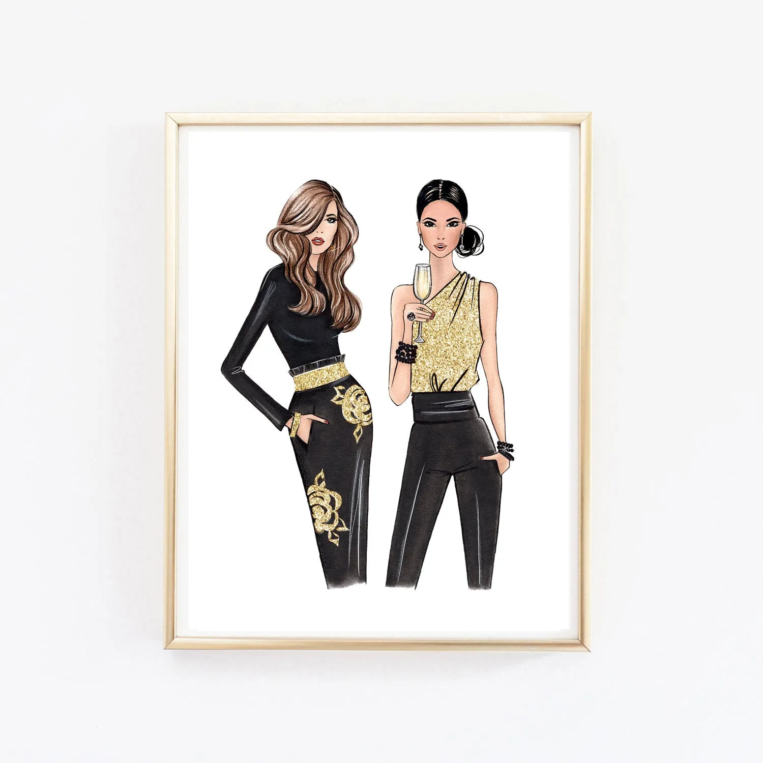 Christmas theme art print fashion illustration of 2 ladies in elegant outfits