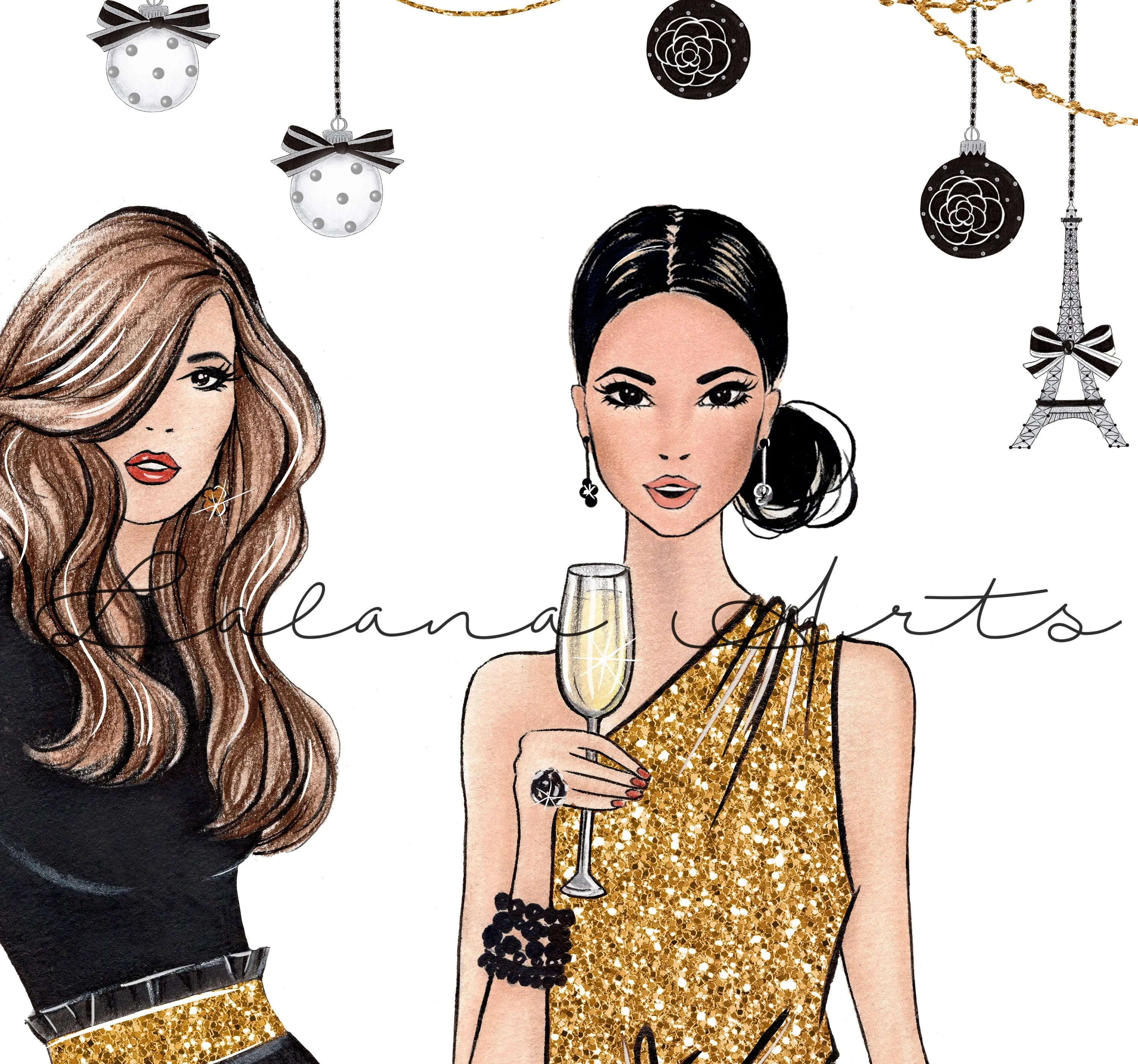 Christmas theme art print fashion illustration of 2 ladies in elegant outfits
