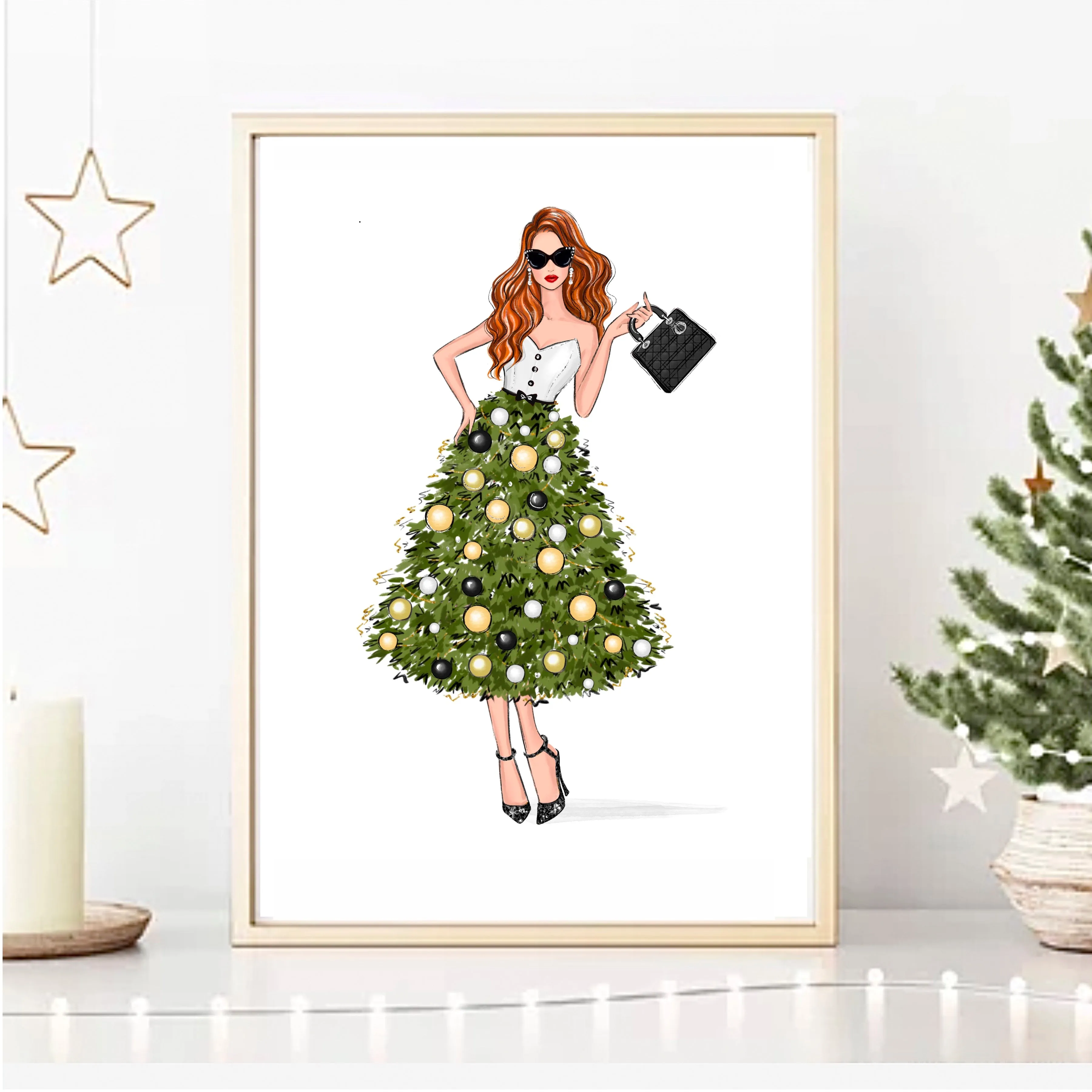 Christmas tree dress girl art print fashion illustration