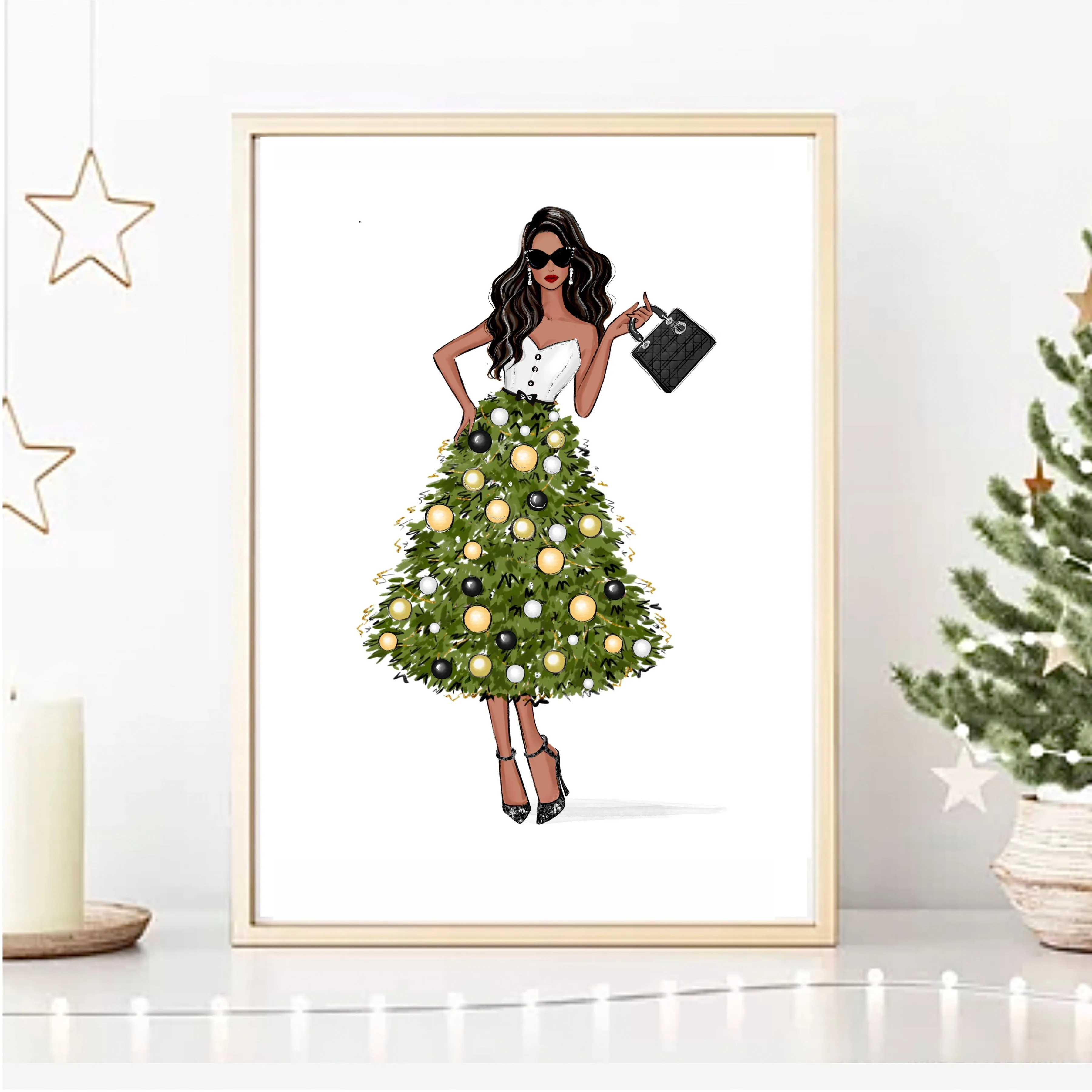 Christmas tree dress girl art print fashion illustration