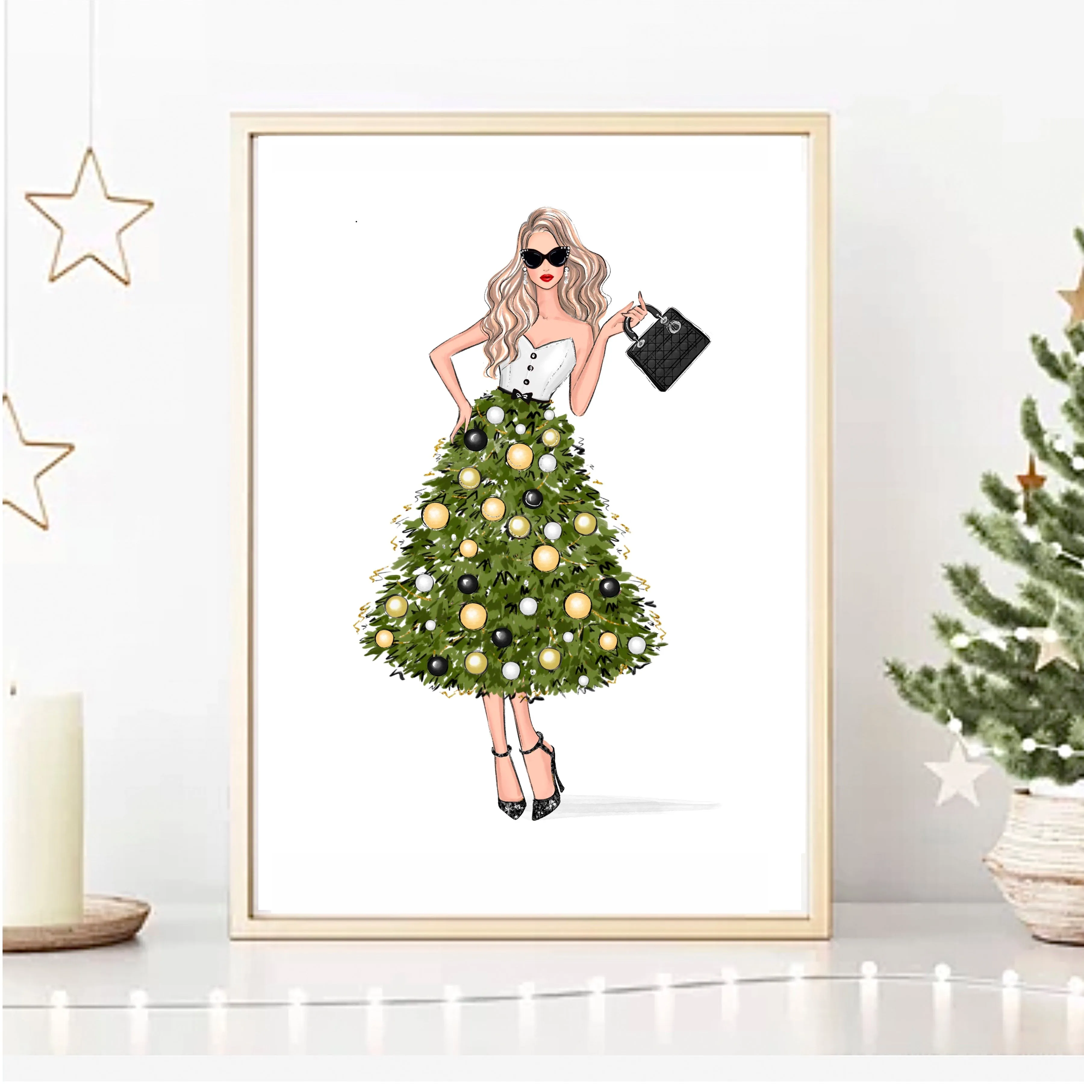 Christmas tree dress girl art print fashion illustration