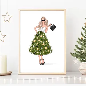 Christmas tree dress girl art print fashion illustration