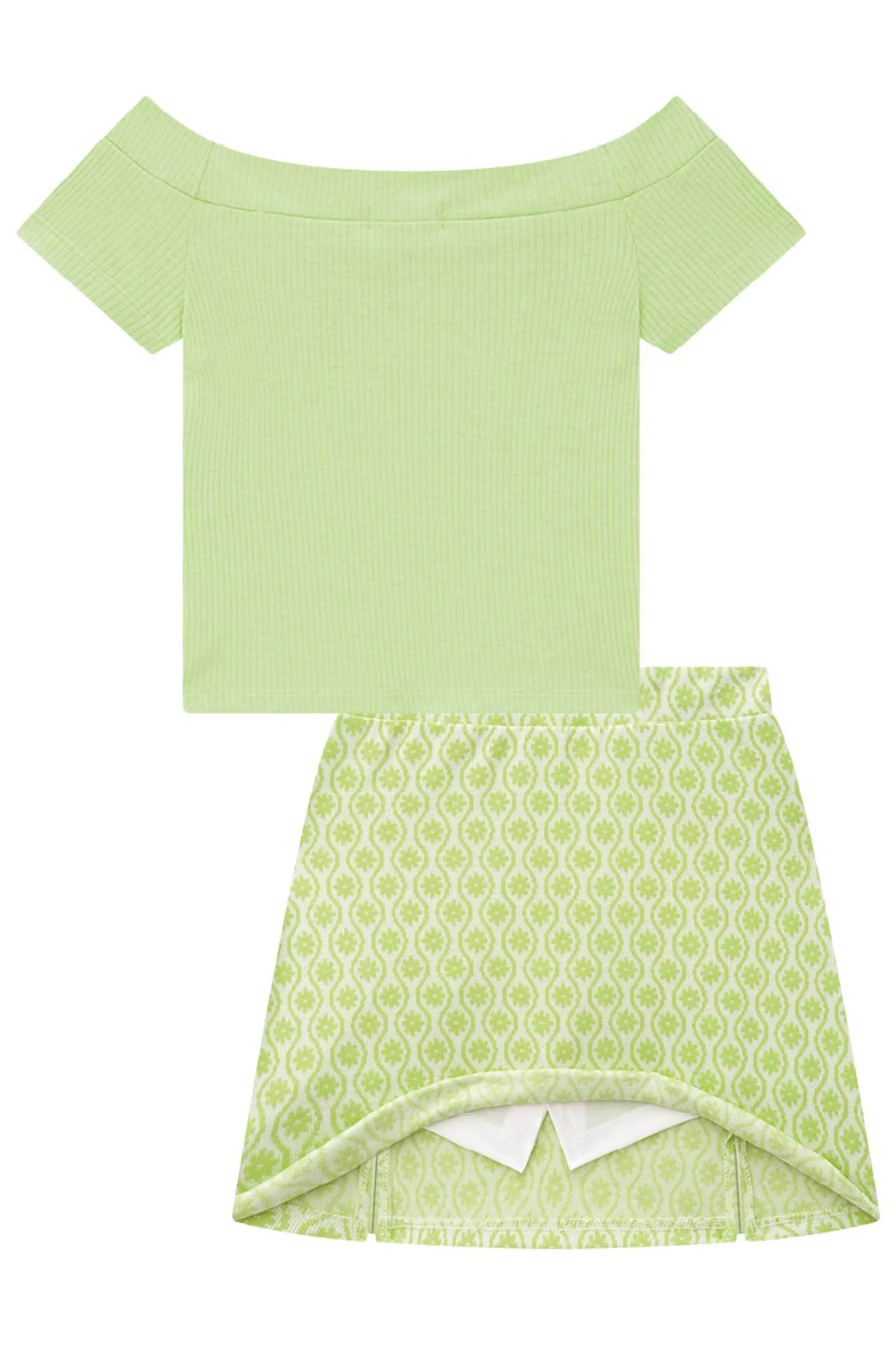 Conjunto de Blusa Boxy em Canelado Maui e Saia em Malha Jacquard Flower 74997 Vic&Vicky