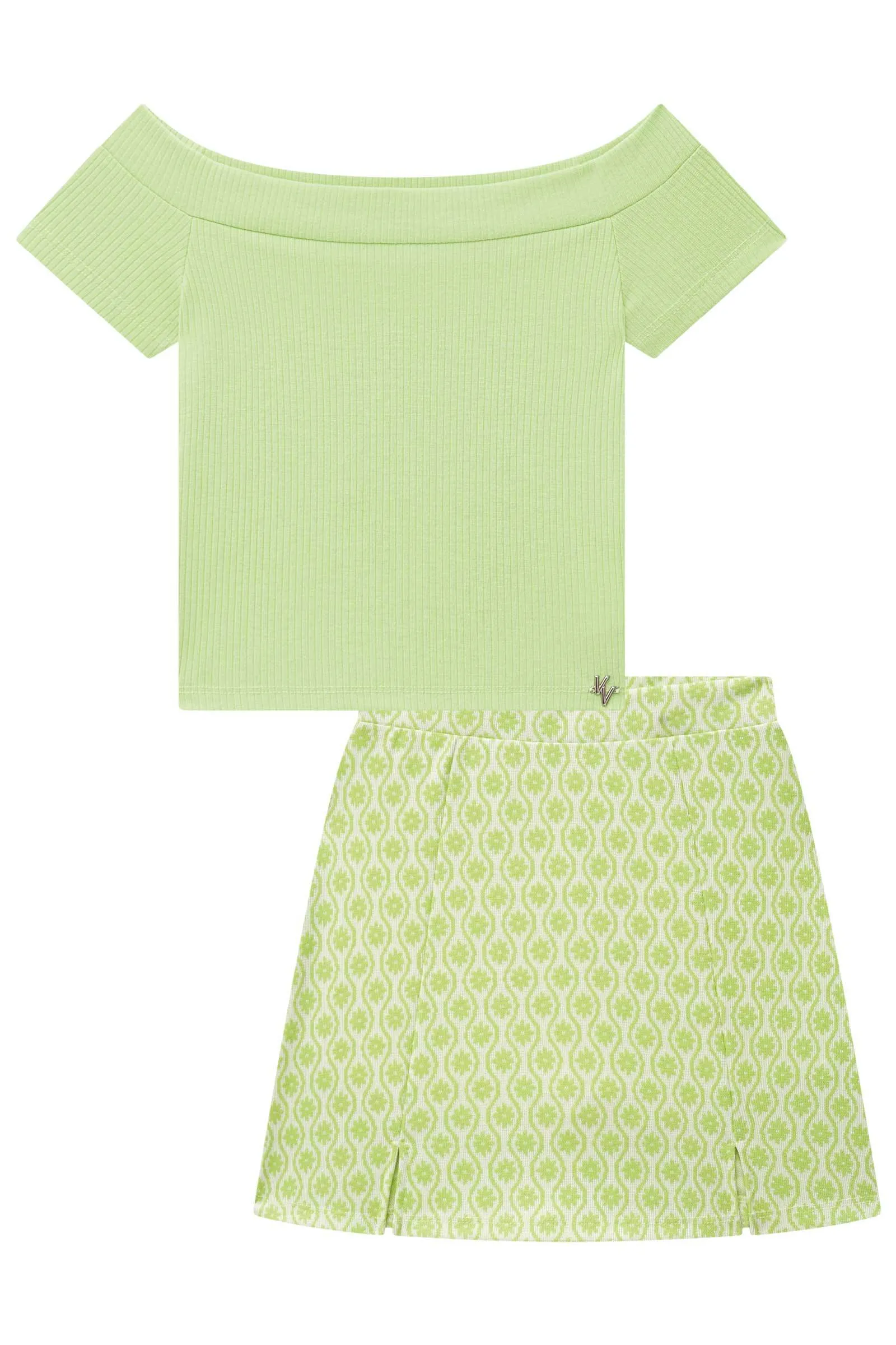 Conjunto de Blusa Boxy em Canelado Maui e Saia em Malha Jacquard Flower 74997 Vic&Vicky