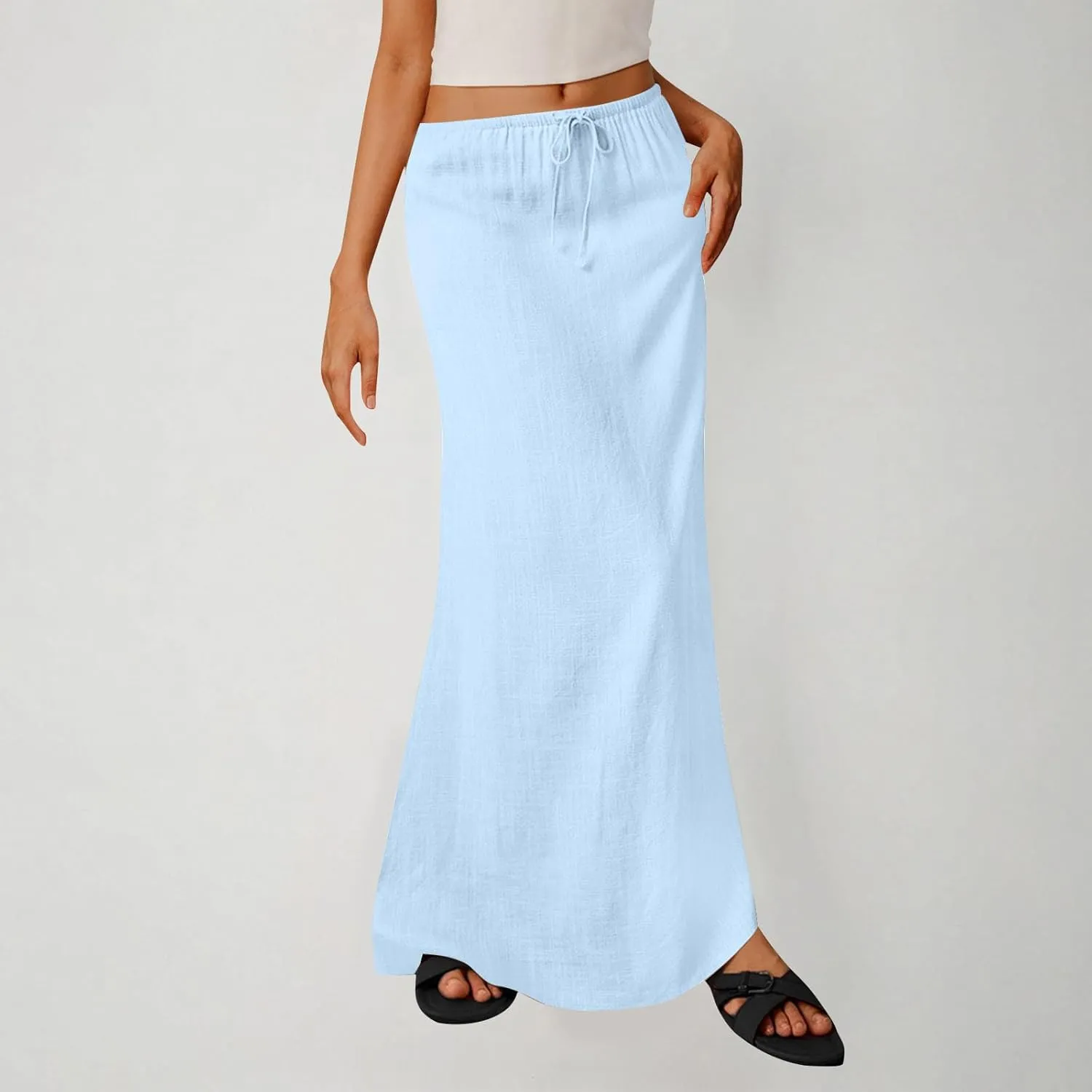 Cotton Linen Maxi Skirts for Women 2025 Drawstring Elastic High Rise Dress A Line Cute Vacation Boho Long Flowy Skirts