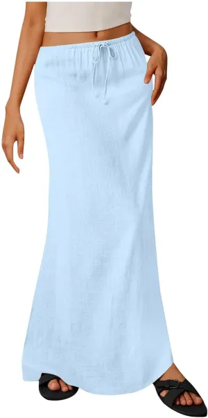 Cotton Linen Maxi Skirts for Women 2025 Drawstring Elastic High Rise Dress A Line Cute Vacation Boho Long Flowy Skirts