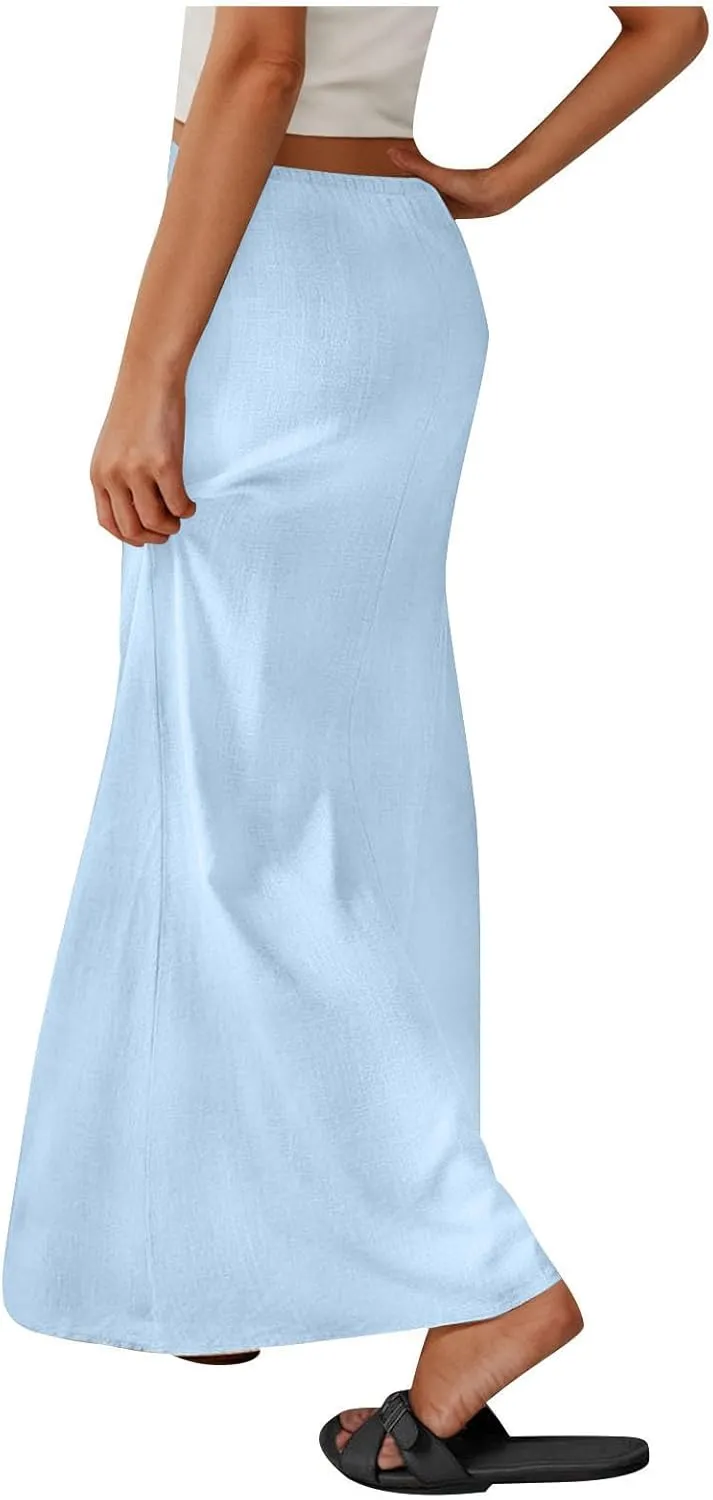 Cotton Linen Maxi Skirts for Women 2025 Drawstring Elastic High Rise Dress A Line Cute Vacation Boho Long Flowy Skirts