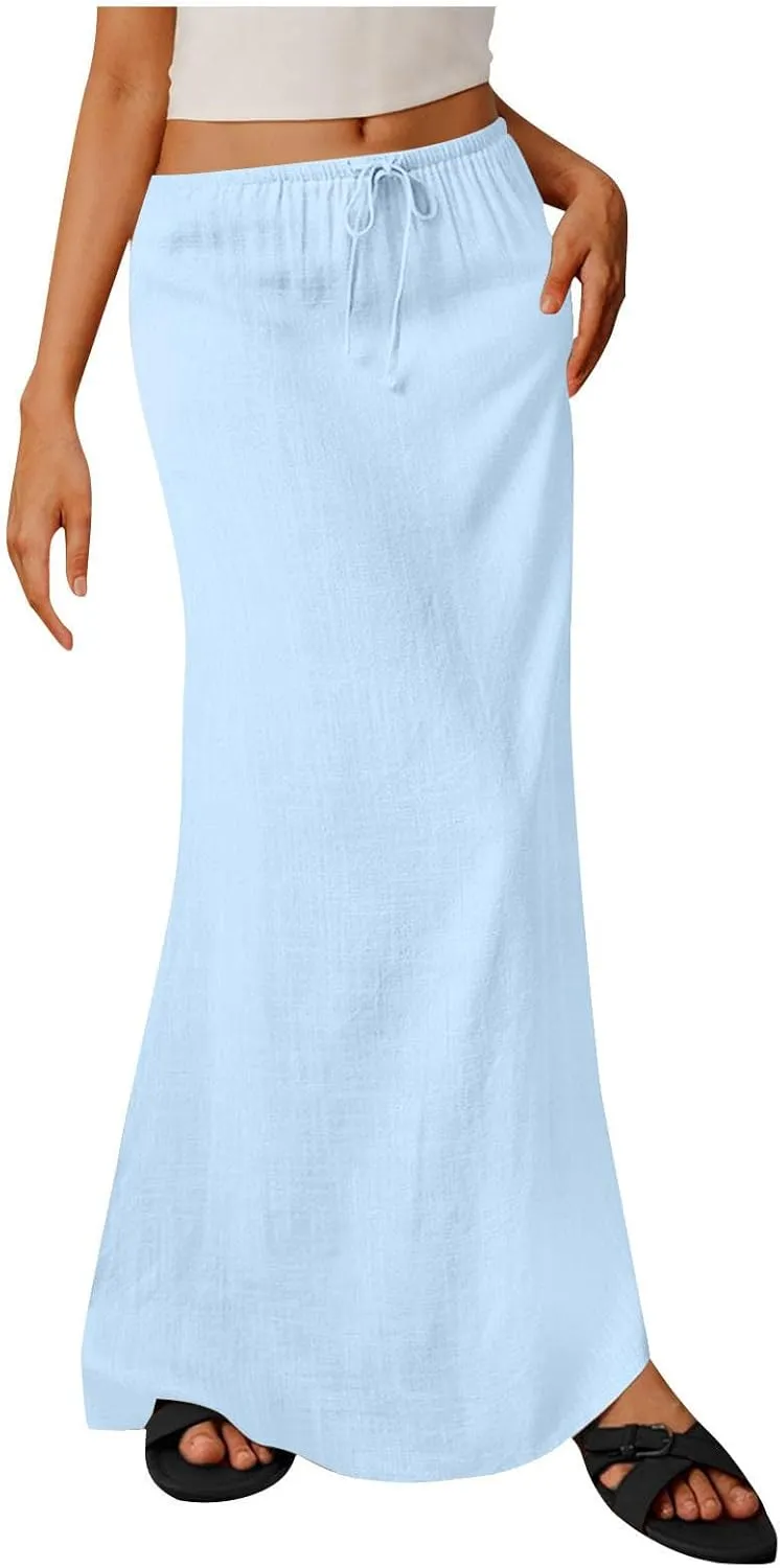 Cotton Linen Maxi Skirts for Women 2025 Drawstring Elastic High Rise Dress A Line Cute Vacation Boho Long Flowy Skirts