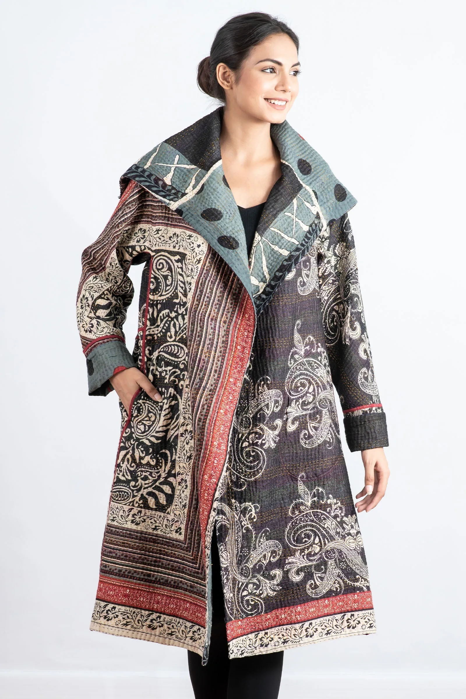 DOT & PAISLEY KANTHA A-LINE COAT - dp4309-nvy -