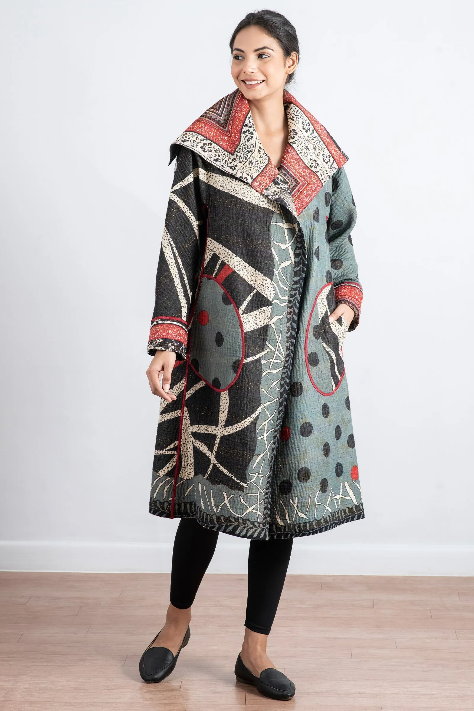 DOT & PAISLEY KANTHA A-LINE COAT - dp4309-nvy -