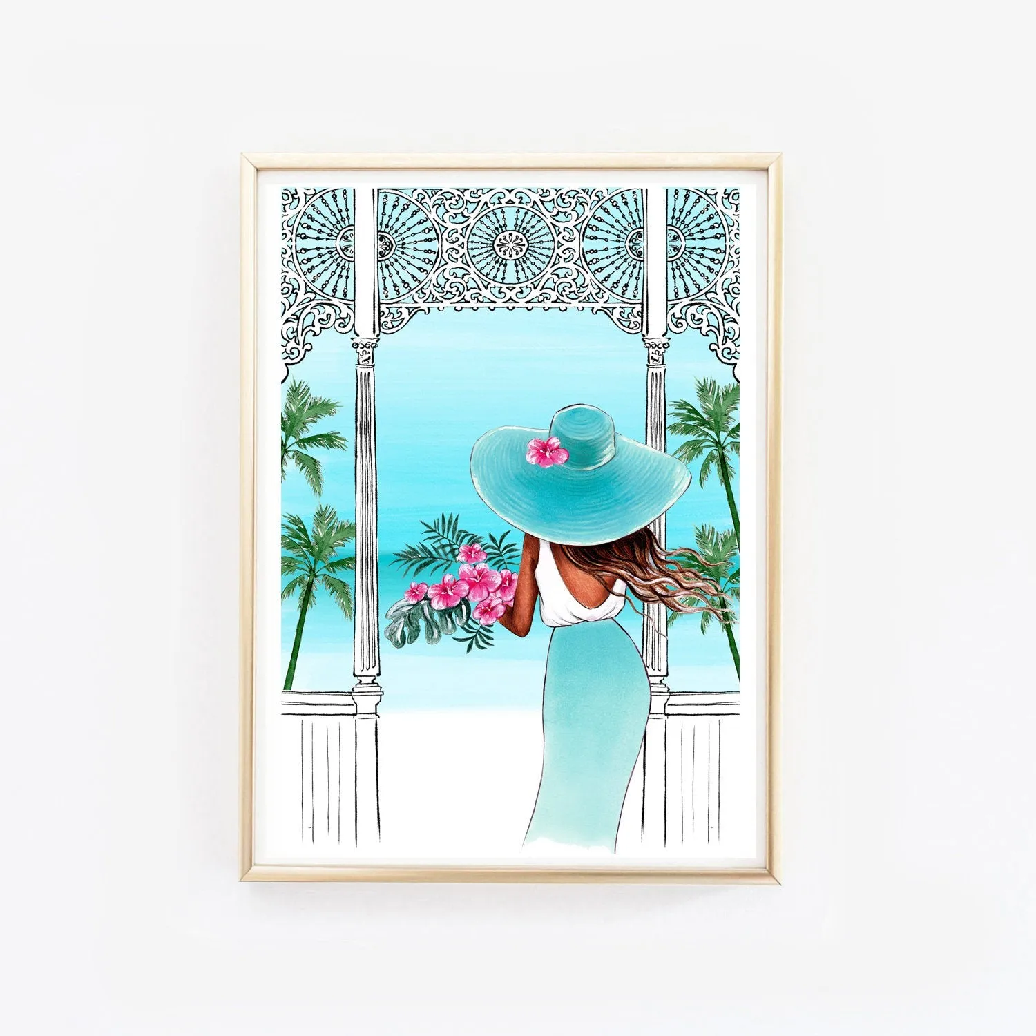 Fashion illustration of a girl with tropical bouquet in the terrace with sea view