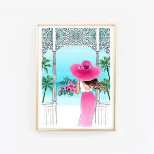Fashion illustration of a girl with tropical bouquet in the terrace with sea view