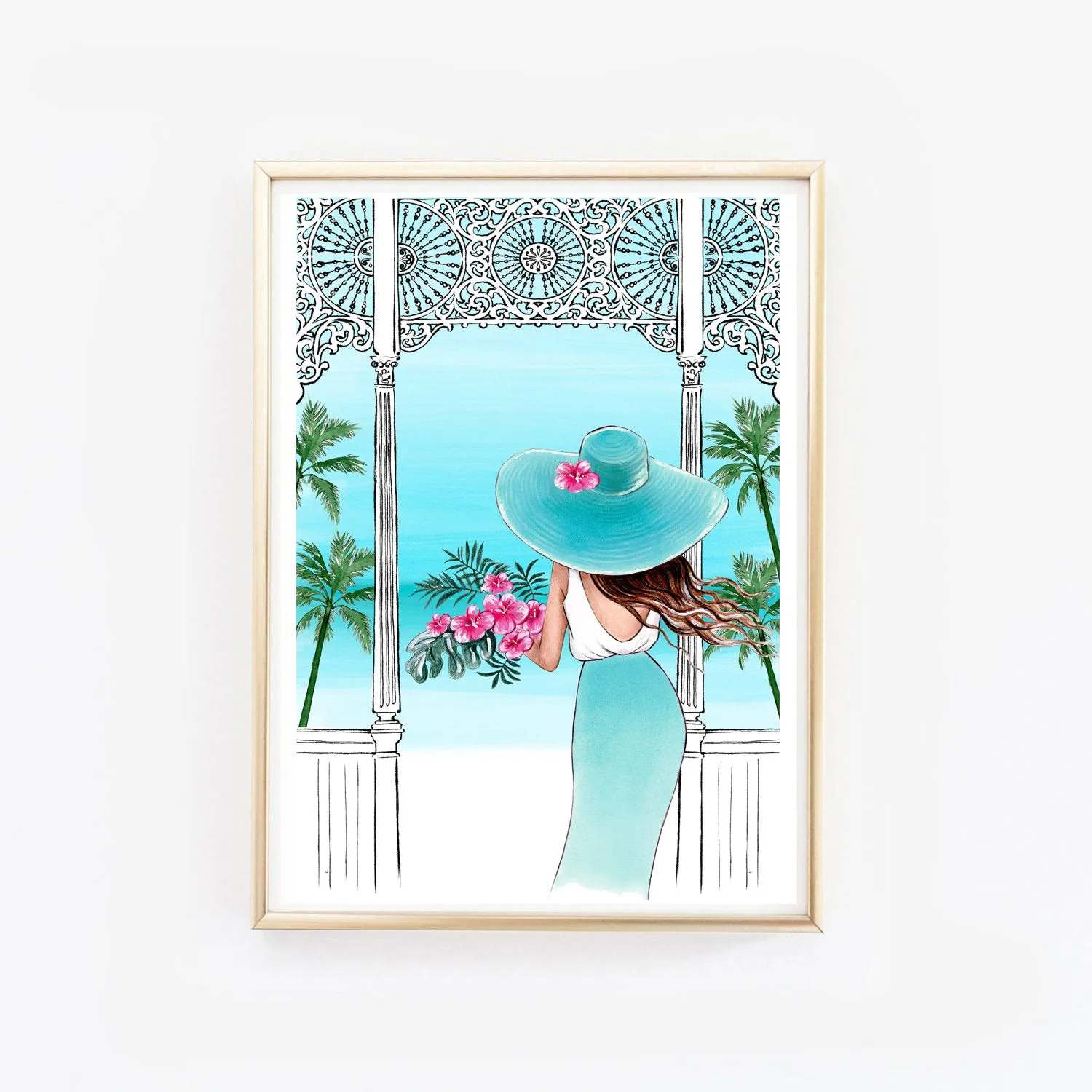 Fashion illustration of a girl with tropical bouquet in the terrace with sea view