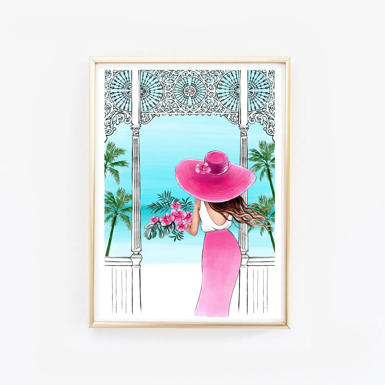 Fashion illustration of a girl with tropical bouquet in the terrace with sea view