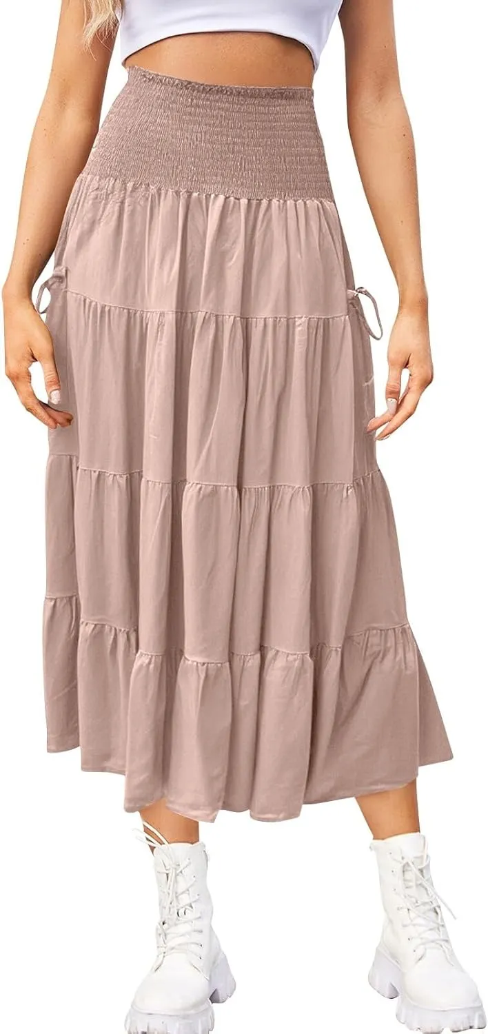 Floral Maxi Skirt for Women Summer Comfy Tiered Elastic High Waisted Skirts 2025 Vacation A-Line Flowy Swing Long Skirts