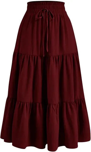 Floral Maxi Skirts for Women Ditsy Floral Tiered Flowy Long Skirt Boho Drawstring High Waisted Aline Ruffle Skirt