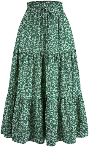 Floral Maxi Skirts for Women Ditsy Floral Tiered Flowy Long Skirt Boho Drawstring High Waisted Aline Ruffle Skirt